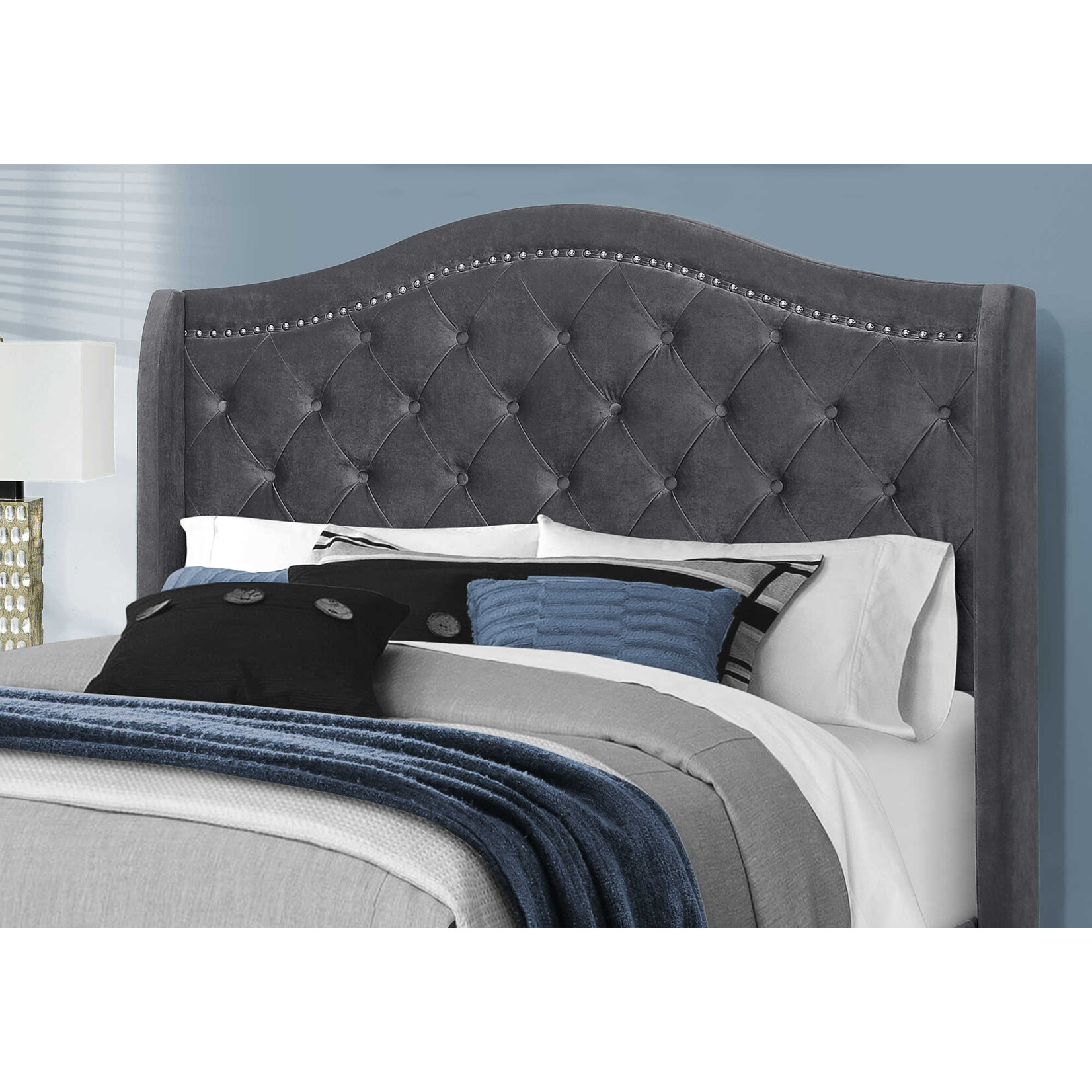 Bed Frame Velvet  with Chrome Trim, Dark Grey, Queen