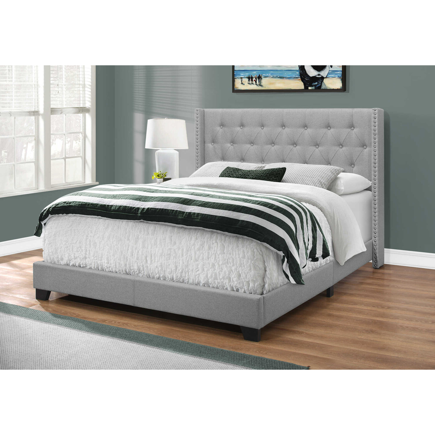Bed Frame Linen with Chrome Trim, Grey, Queen