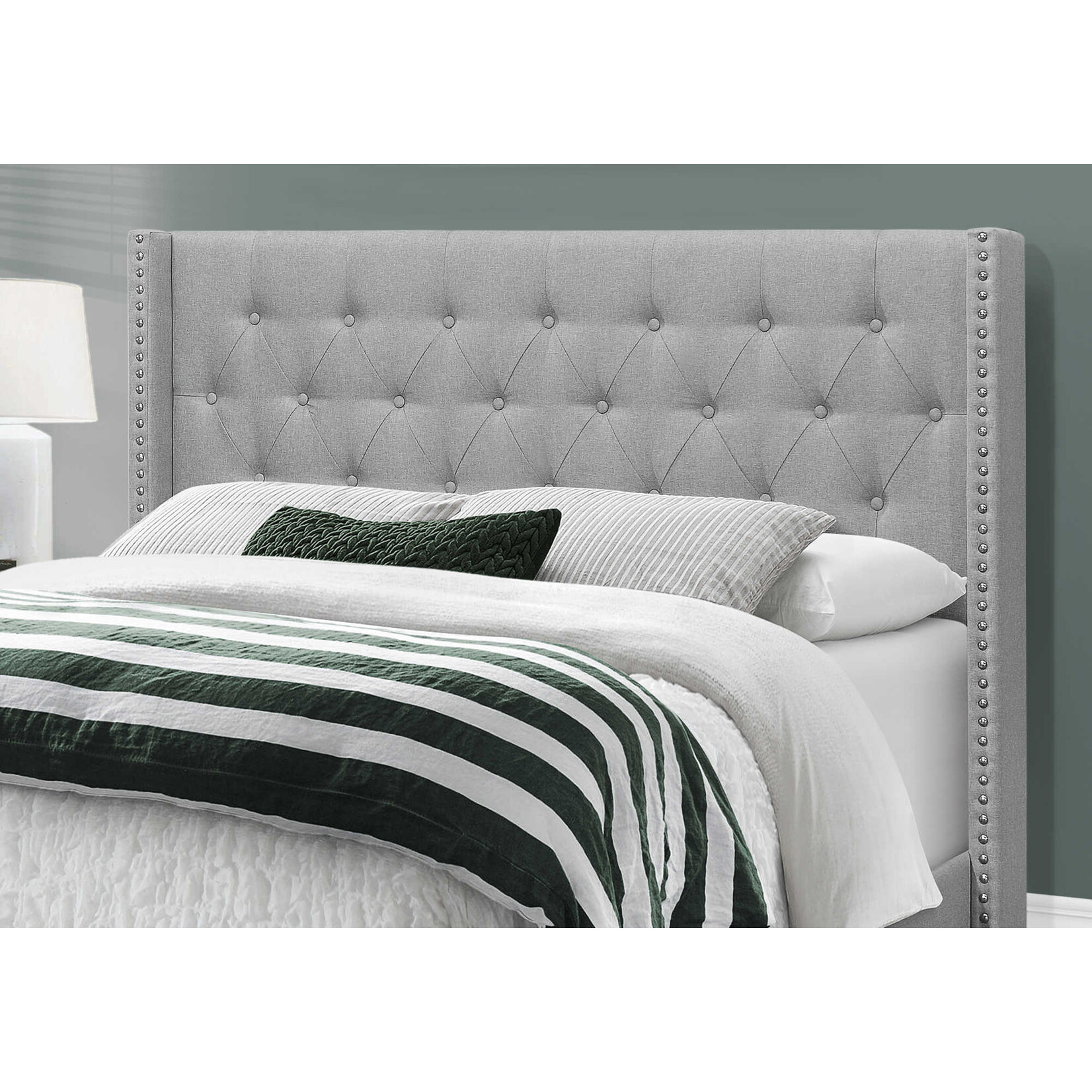Cadre de Lit Lin avec Bordure en Chrome, Gris, Grand
