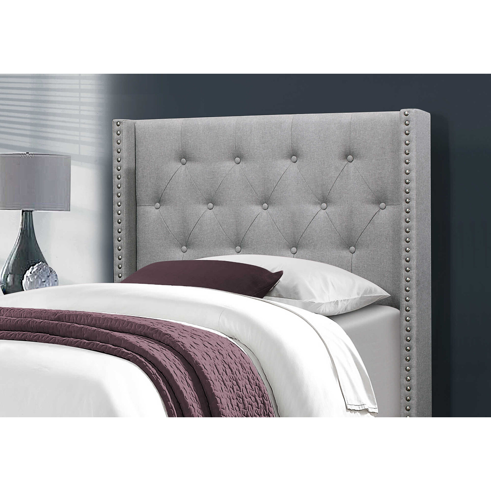 Cadre de Lit Lin avec Bordure en Chrome, Gris, Simple