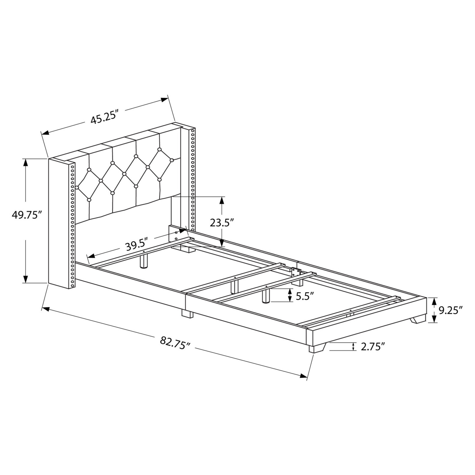 Bed Frame Linen with Chrome Trim, Grey, Twin