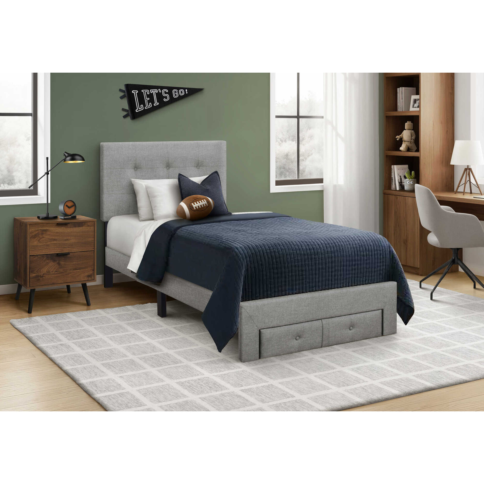 Cadre de Lit Plateforme en Lin Tiroir de Rangement Avant, Gris, Simple