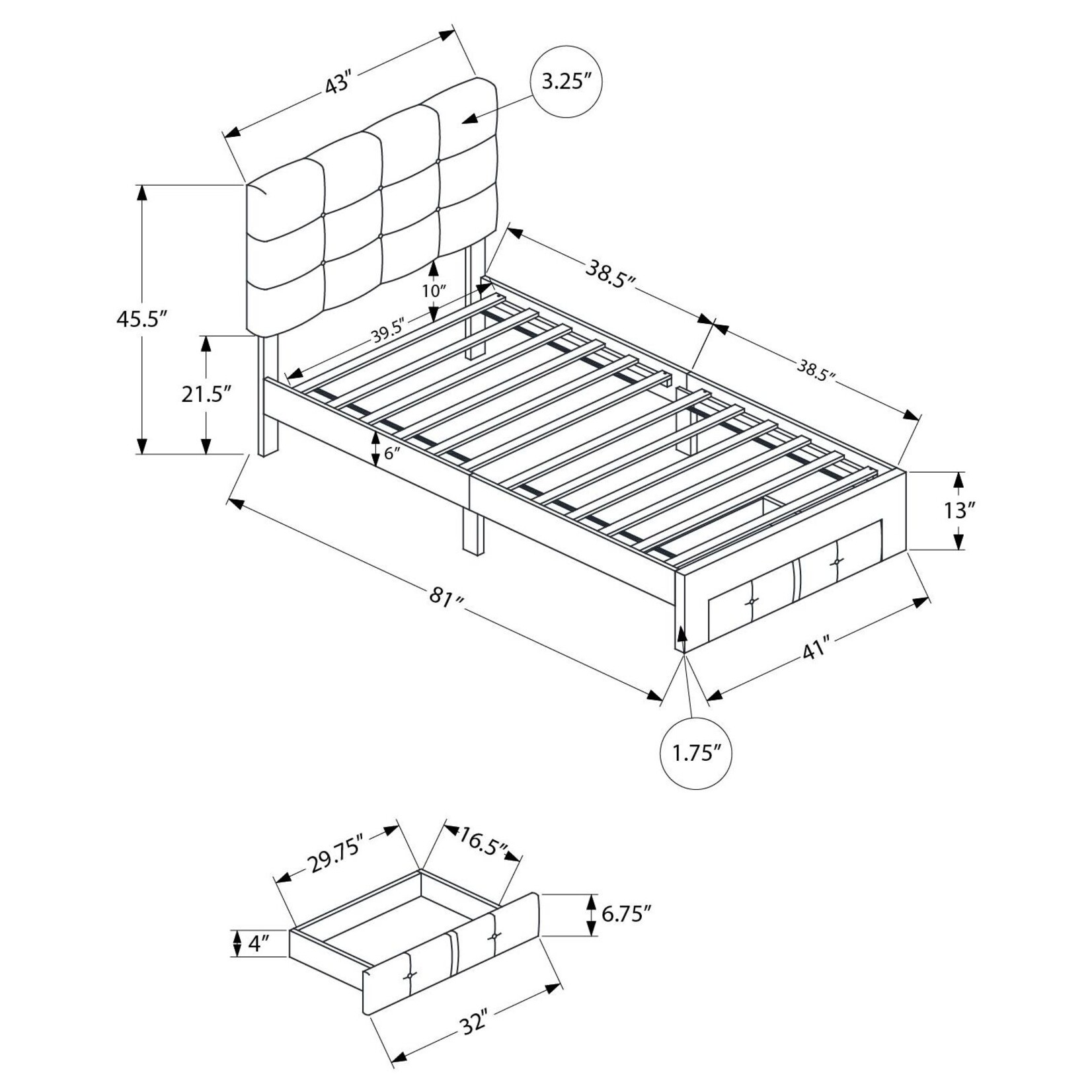 Bed Frame Linen Platform Front Storage Drawer, Grey, Twin