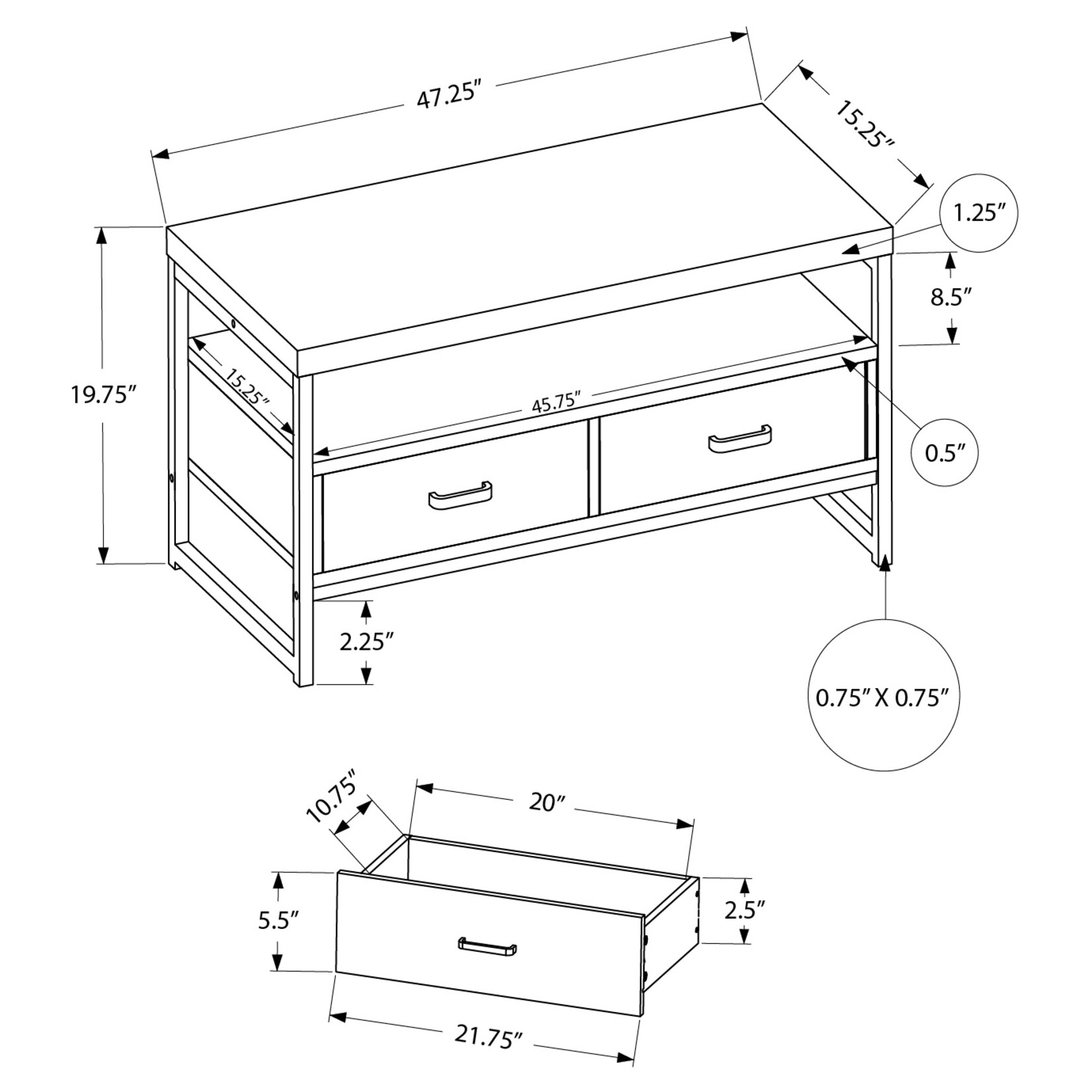 TV STAND 48" Grey with Black Metal Frame