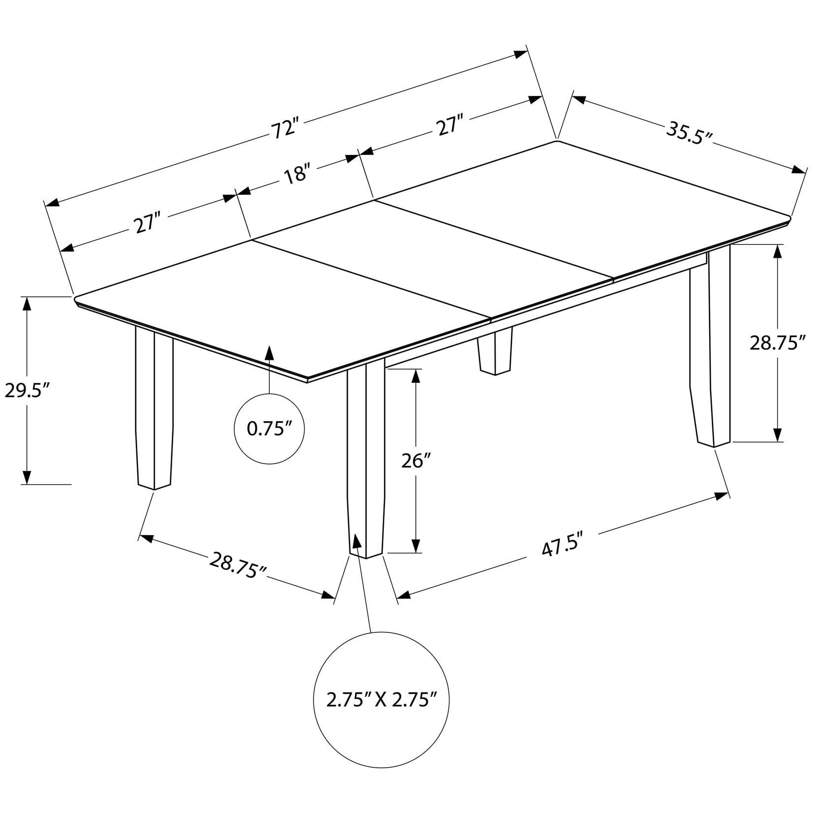 Dining Table with Extension Brown Walnut Finish, 36"X 72"/ 18" Extension Panel