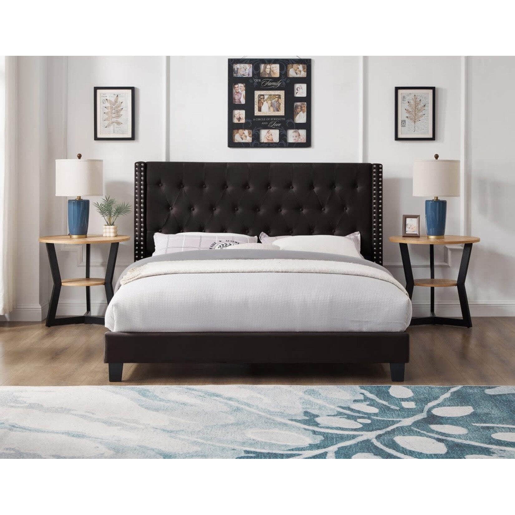 Lit plateforme rembourré avec tête de lit capitonnée, Velour Noir