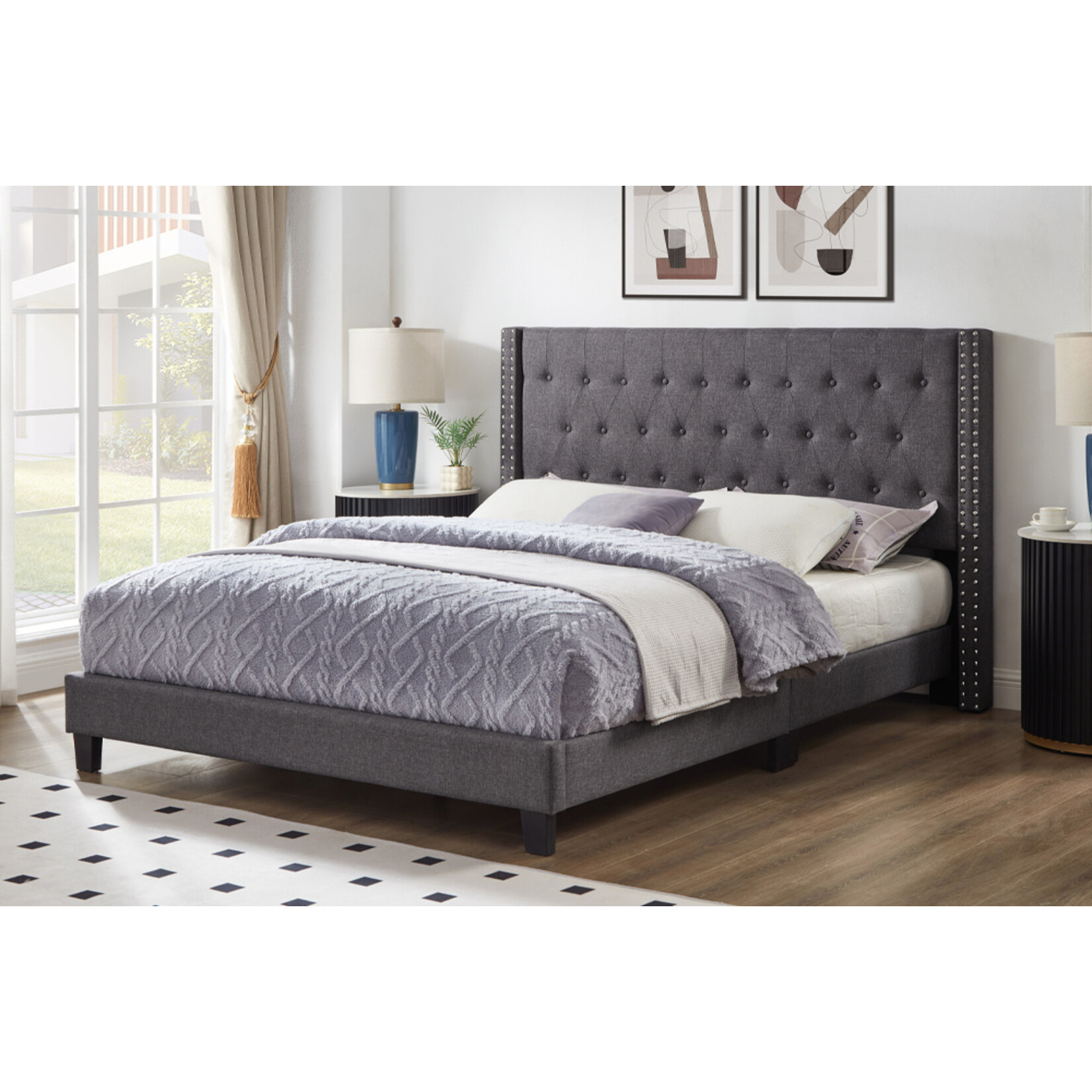 Lit plateforme rembourré avec tête de lit capitonnée, Tissus Gris