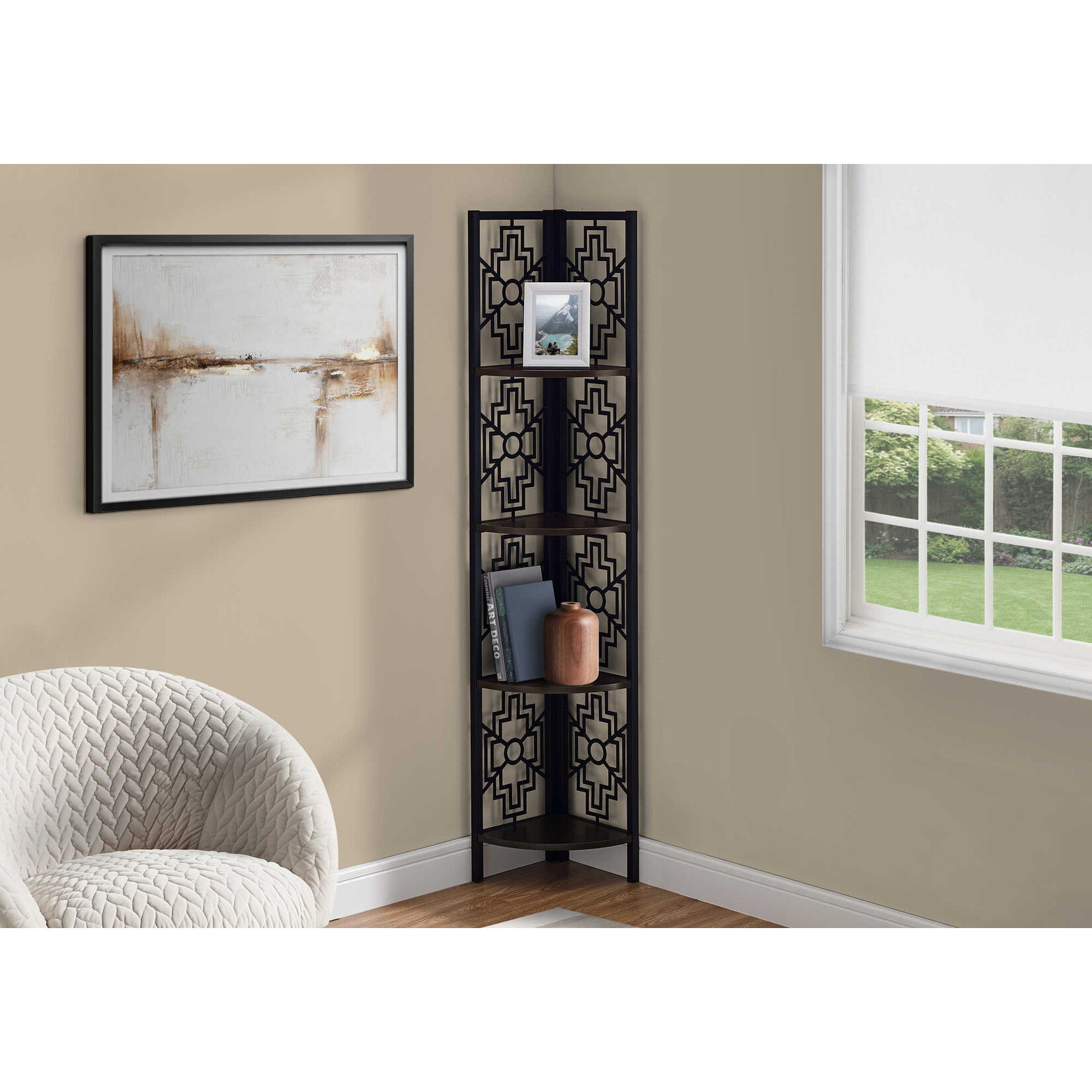 Etagere en Coin, Metal Noir et Fini Espresso