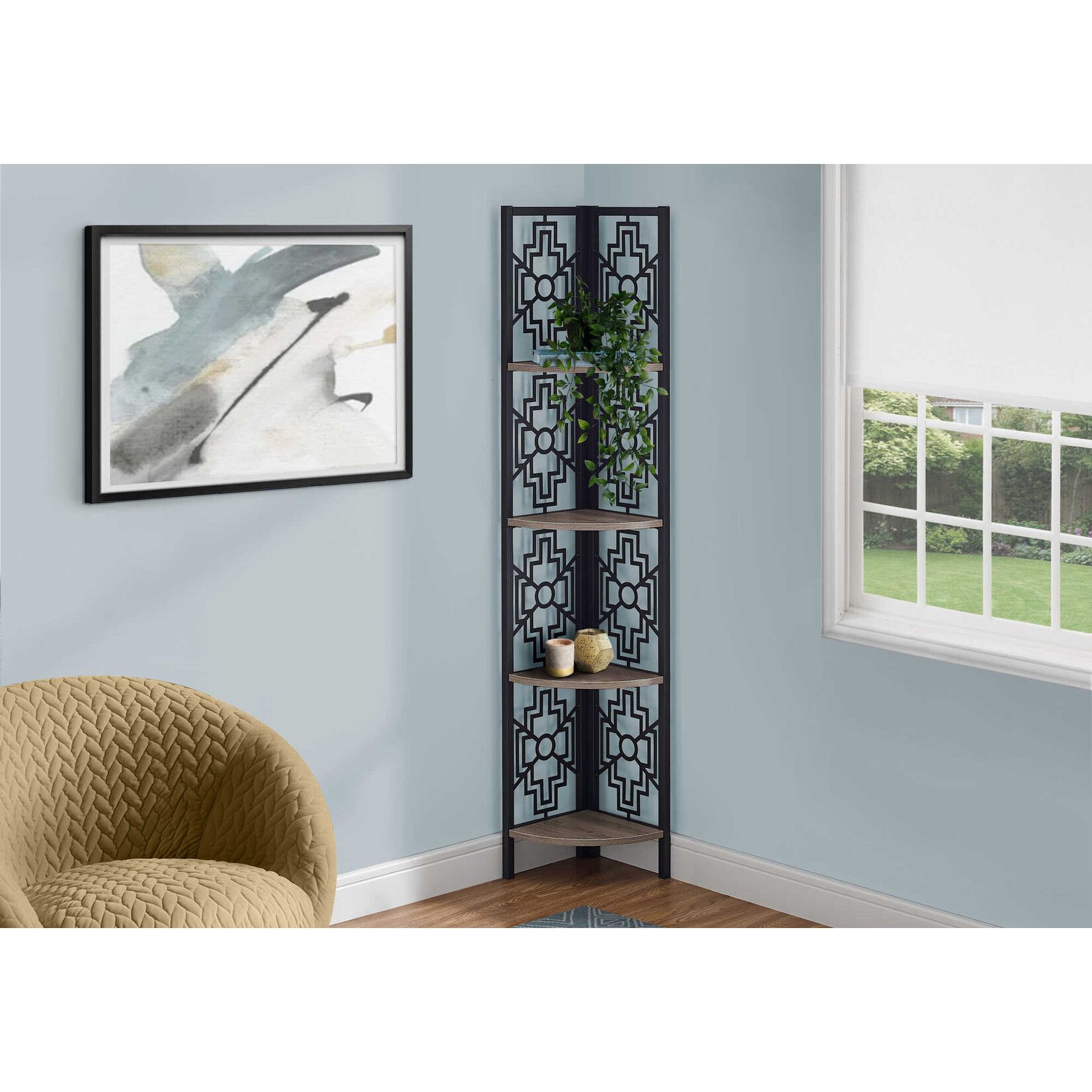 Etagere en Coin, Metal Noir et Fini Taupe