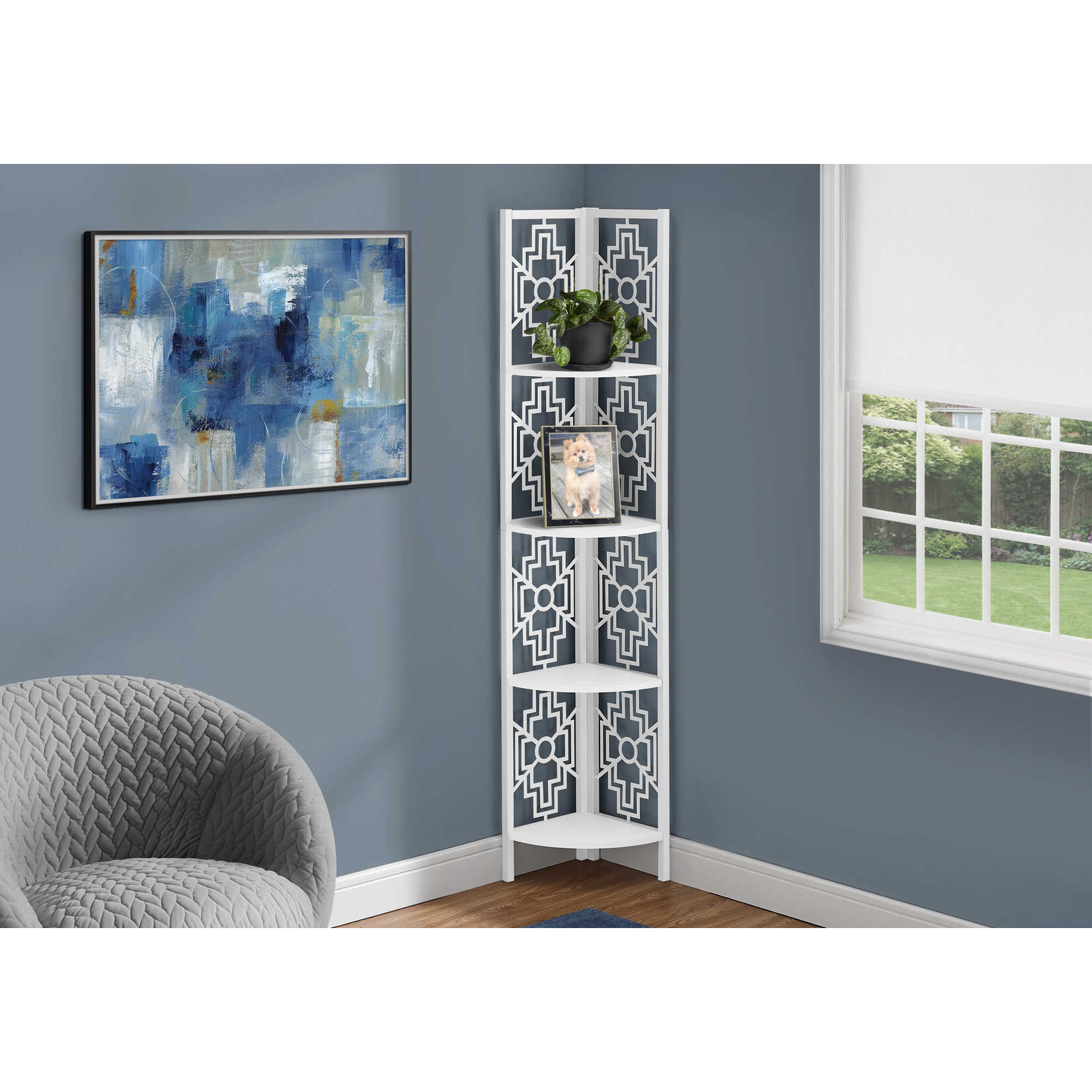 Corner Bookcase Shelf, White Metal & White Shelves