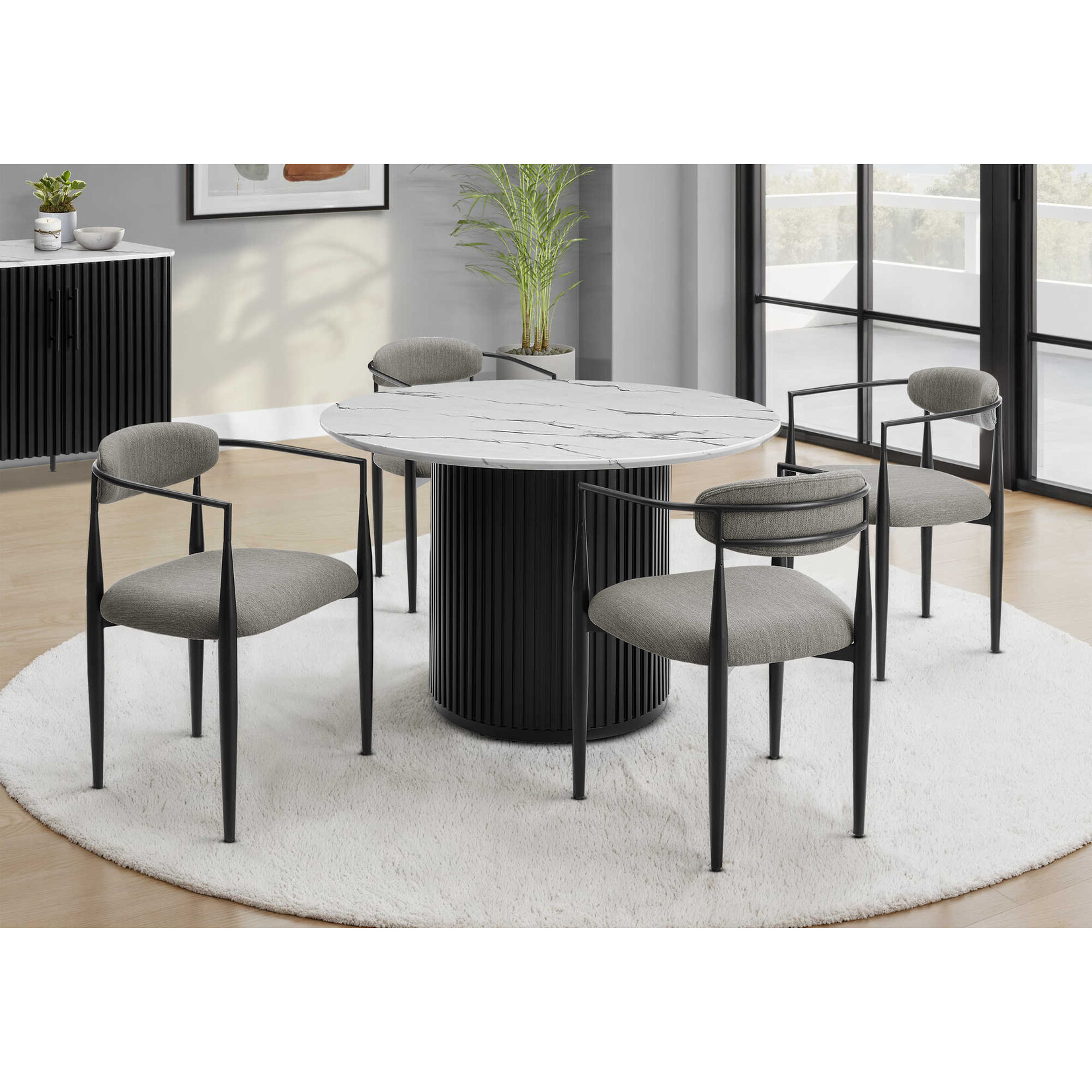 DINING TABLE - 48"DIA / WHITE FAUX MARBLE TOP / BLACK BASE