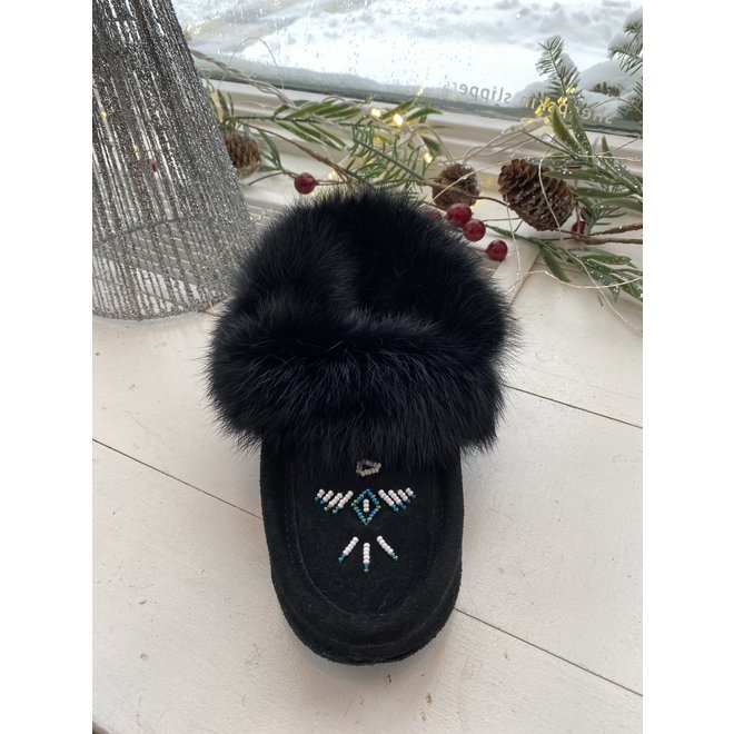 Rabbit Fur Mocassin Black Suede