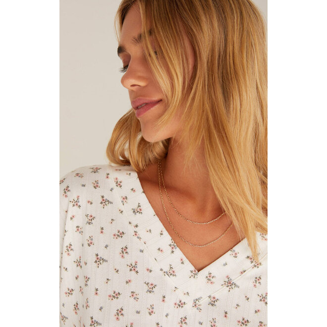 Ditsy Floral Silky Pointelle V-Neck Top