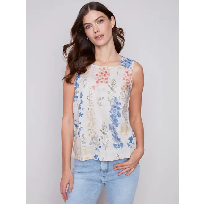 Printed Sleeveless Linen Top with Button Detail