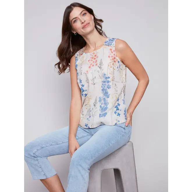 Printed Sleeveless Linen Top with Button Detail