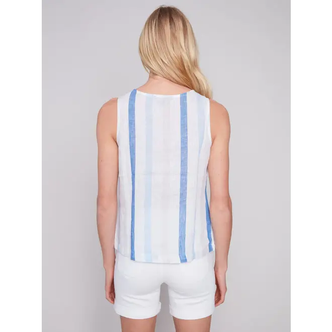 Sleeveless Striped Linen Top with Button Detail