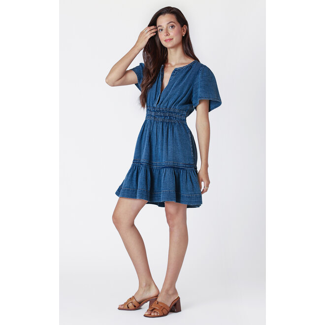 Short Sleeve Tiered Denim Effect Mini