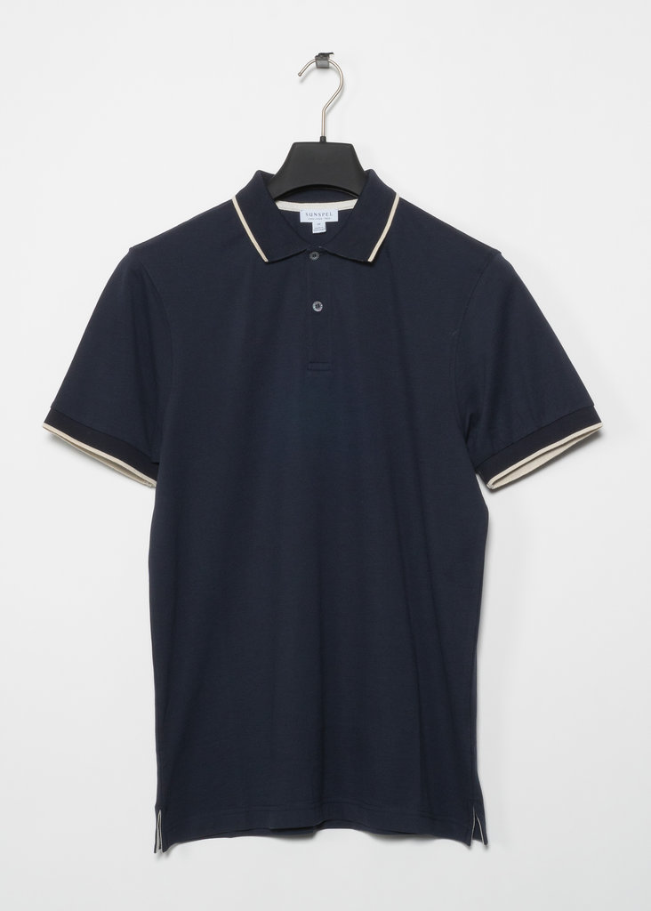 Sunspel Navy Piqué Contrast Tipped Polo Shirt