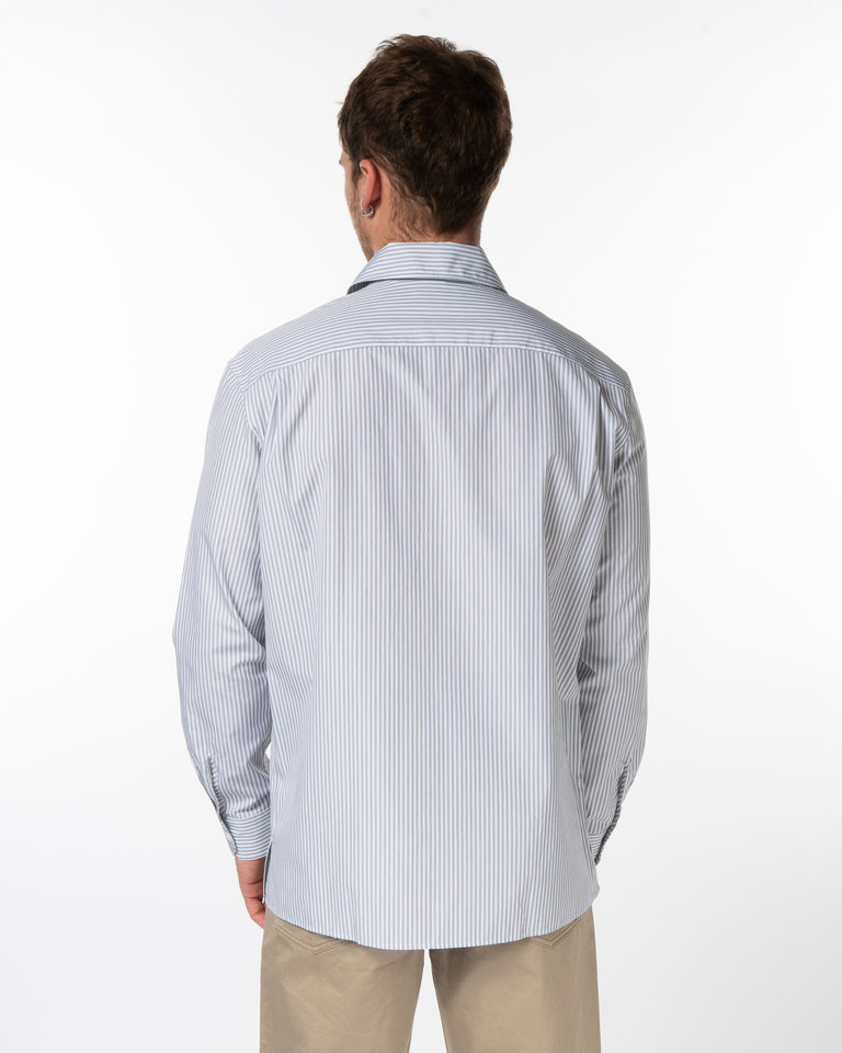 Lemaire White & Grey Stripped Convertible Collar Shirt