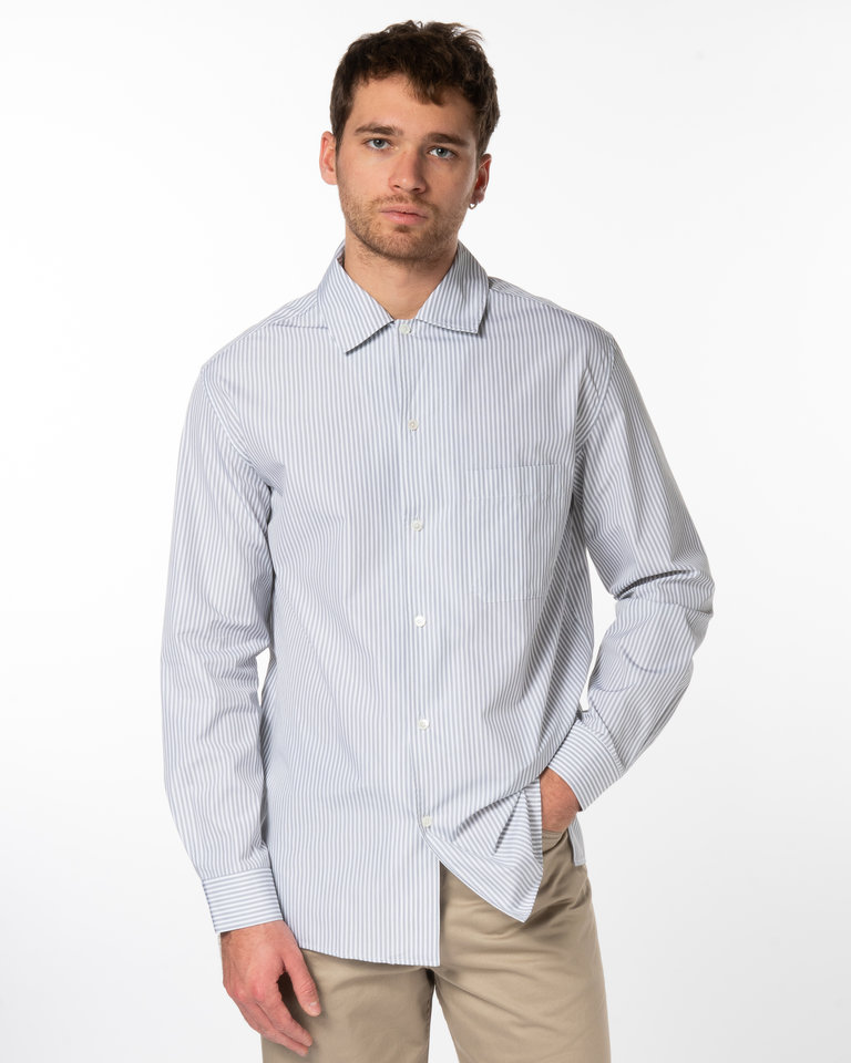 Lemaire White & Grey Stripped Convertible Collar Shirt