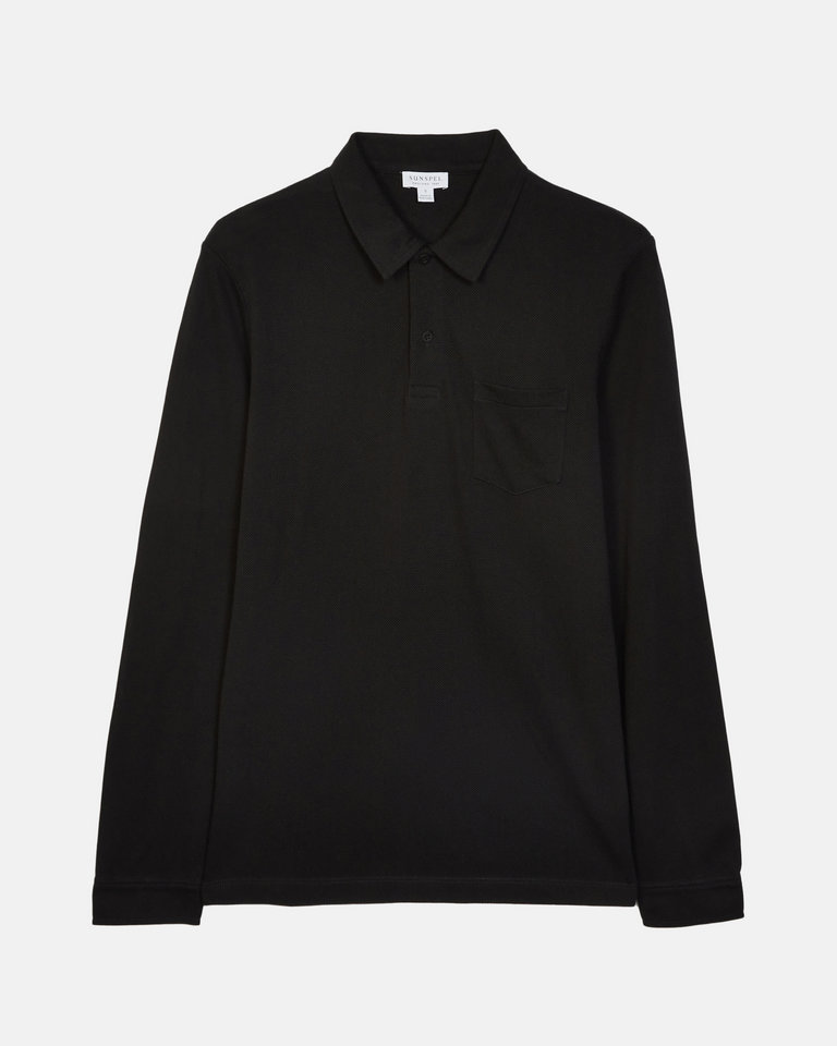 Sunspel Black Riviera Long sleeve Polo Shirt