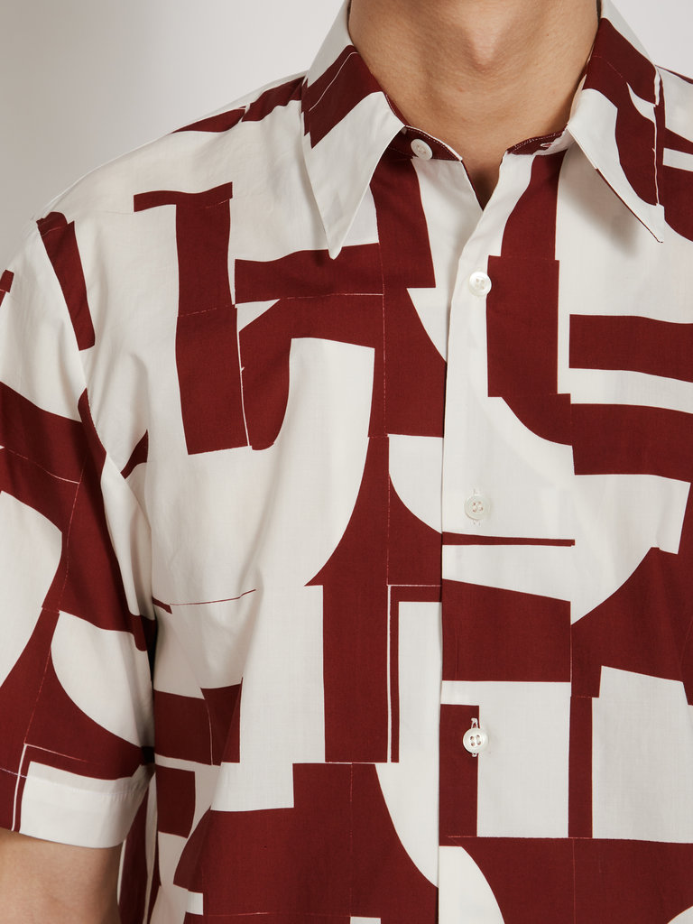 Dries Van Noten White and Burgundy Patterned Short Sleeve Shirt