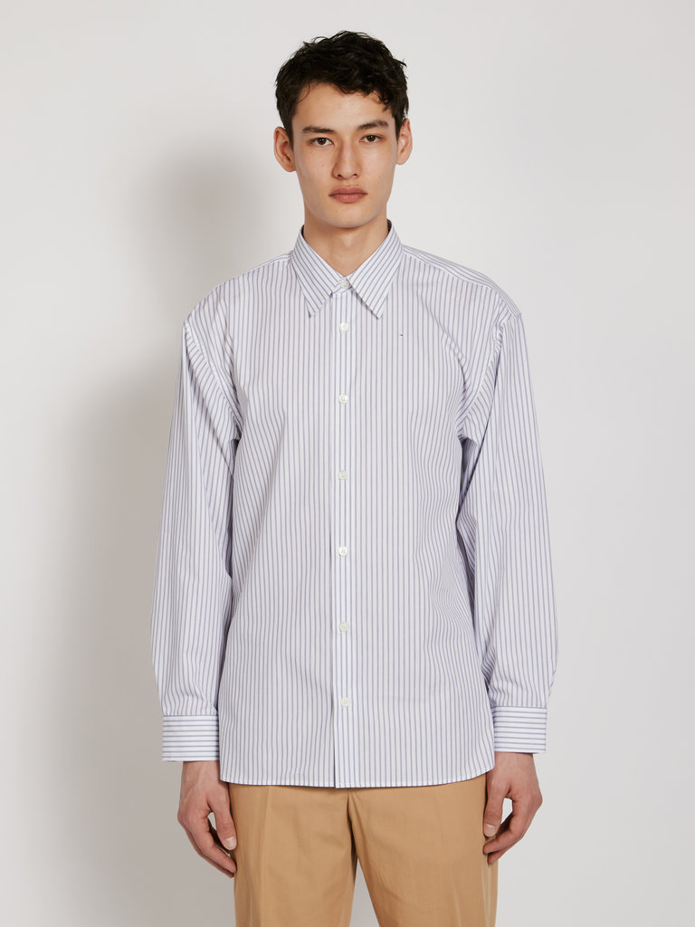Dries Van Noten Croom White Long Sleeve Blue Stripe Shirt