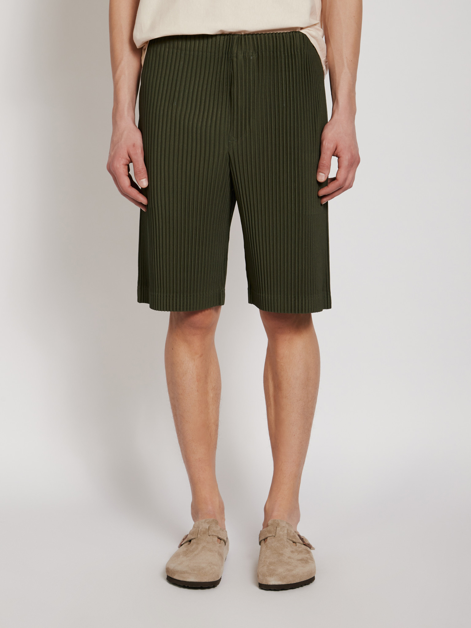 Homme plissé Issey Miyake: Green Pleated Shorts, Men's Designer Clothes