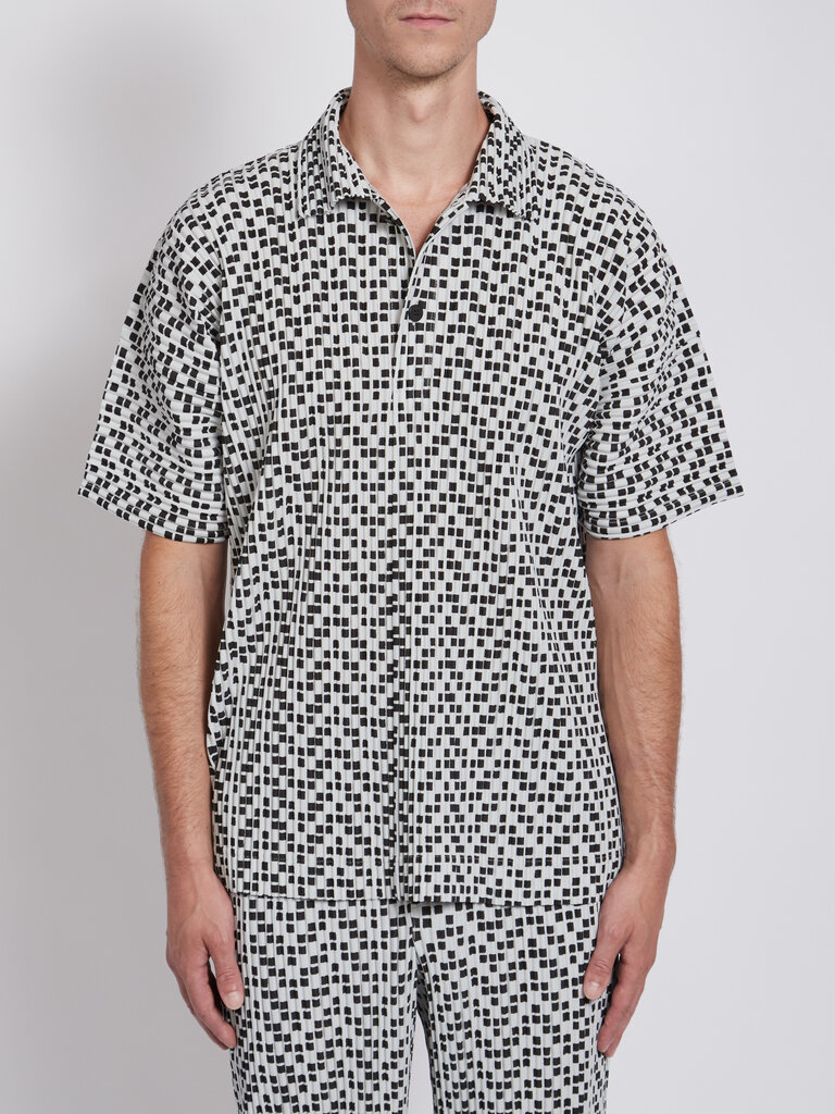 Homme Plissé Black and White Printed Polo Pleated Shirt