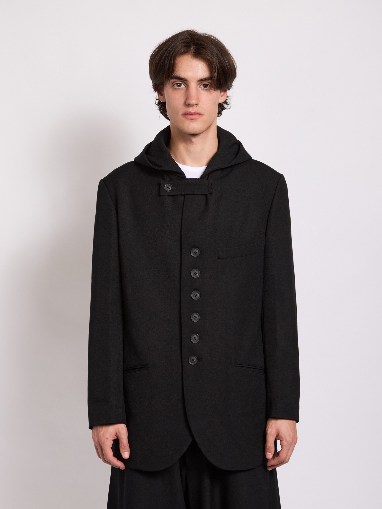 Yohji Yamamoto: Black W-Hooded Jacket | Men's Designer Yohji Yamamoto: Black W-Hooded Jacket | Men's Designer