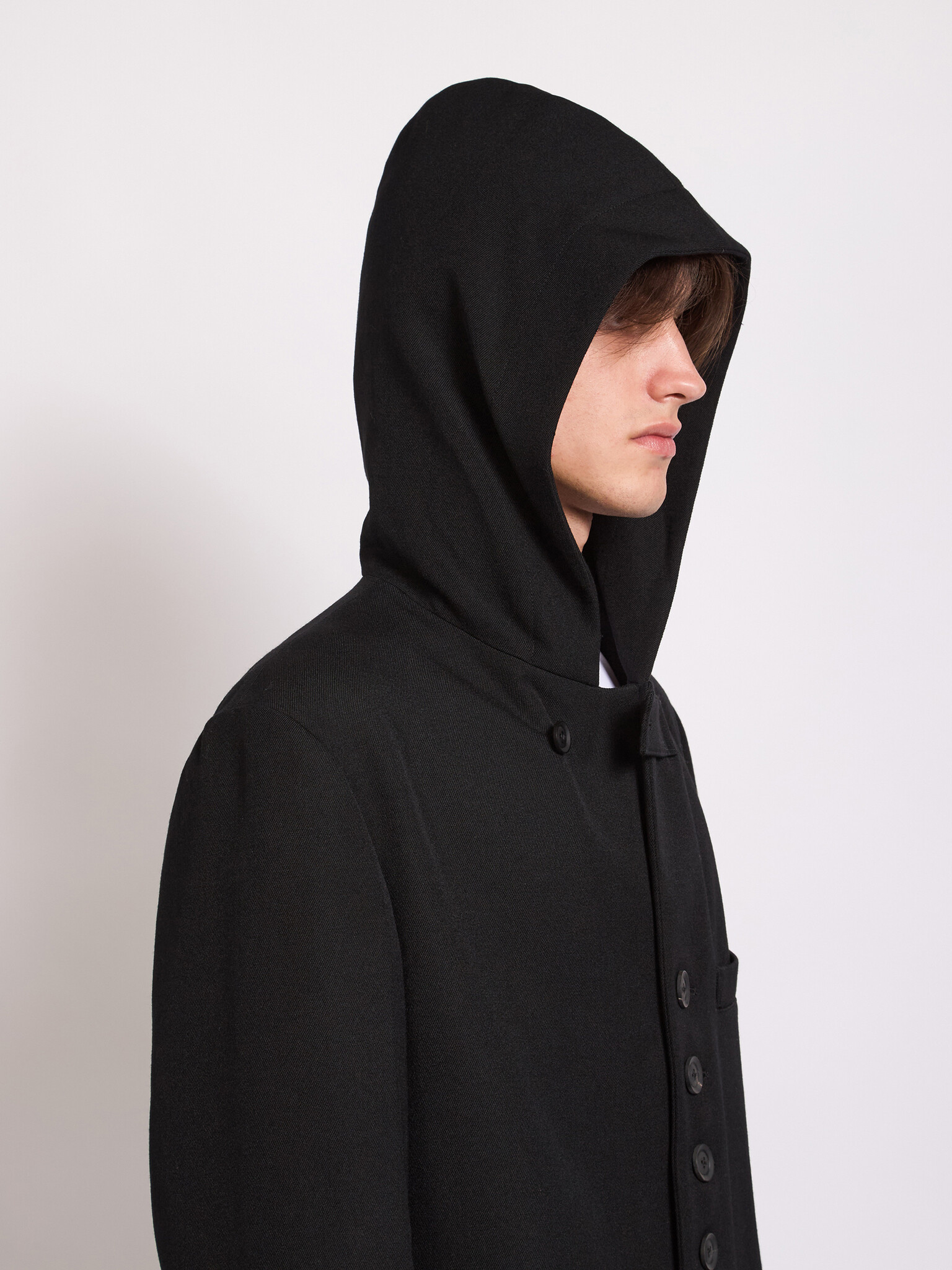 Yohji Yamamoto: Black W-Hooded Jacket | Men's Designer Yohji Yamamoto: Black W-Hooded Jacket | Men's Designer