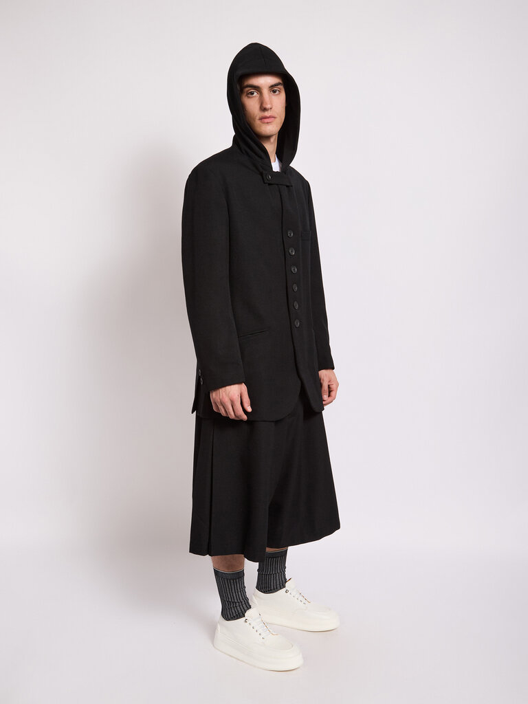 Yohji Yamamoto: Black W-Hooded Jacket | Men's Designer Yohji Yamamoto: Black W-Hooded Jacket | Men's Designer