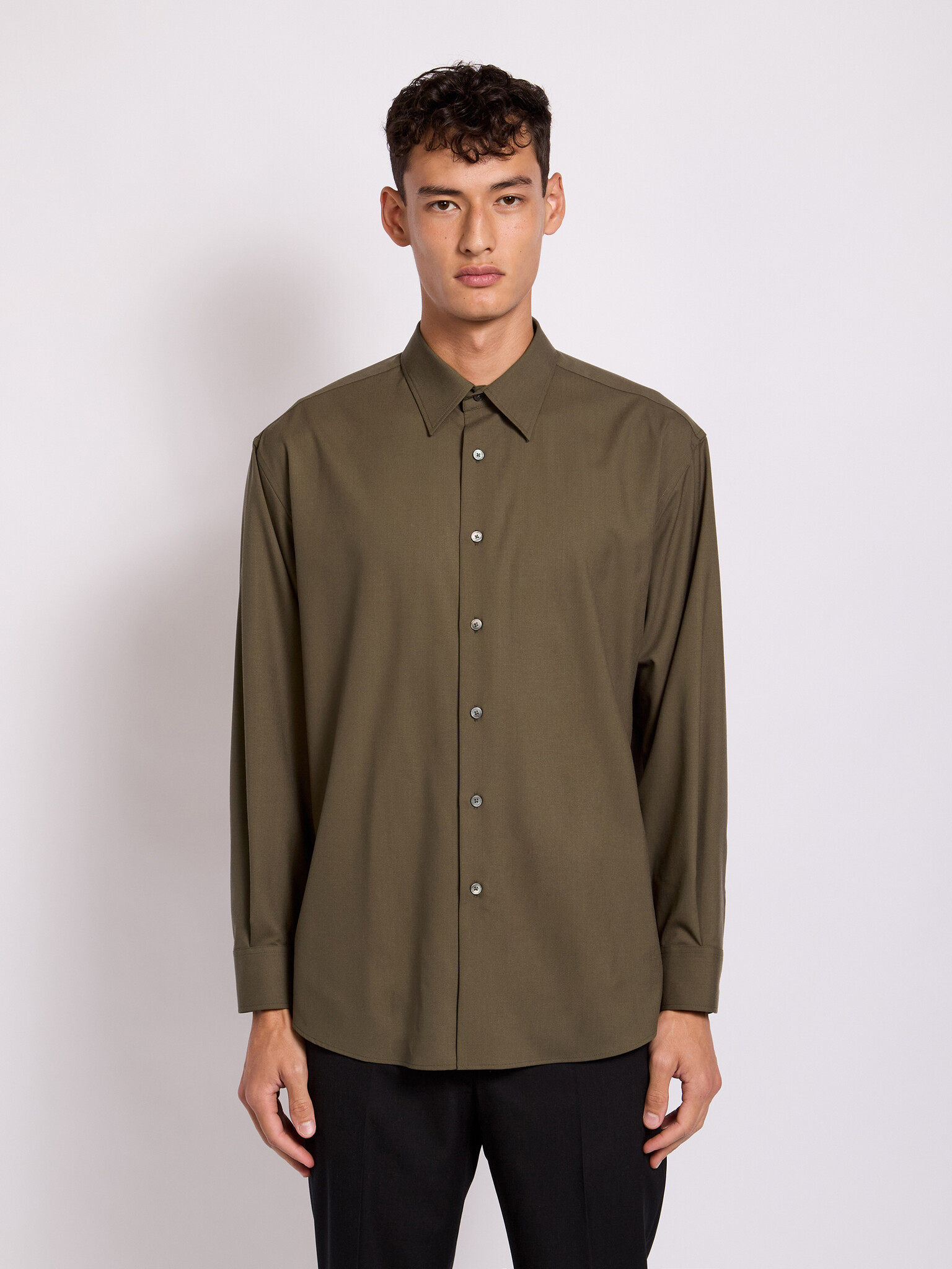 Auralee: Khaki Super Fine Tropical Wool Shirt | Men's Auralee: Khaki Super Fine Tropical Wool Shirt | Men's