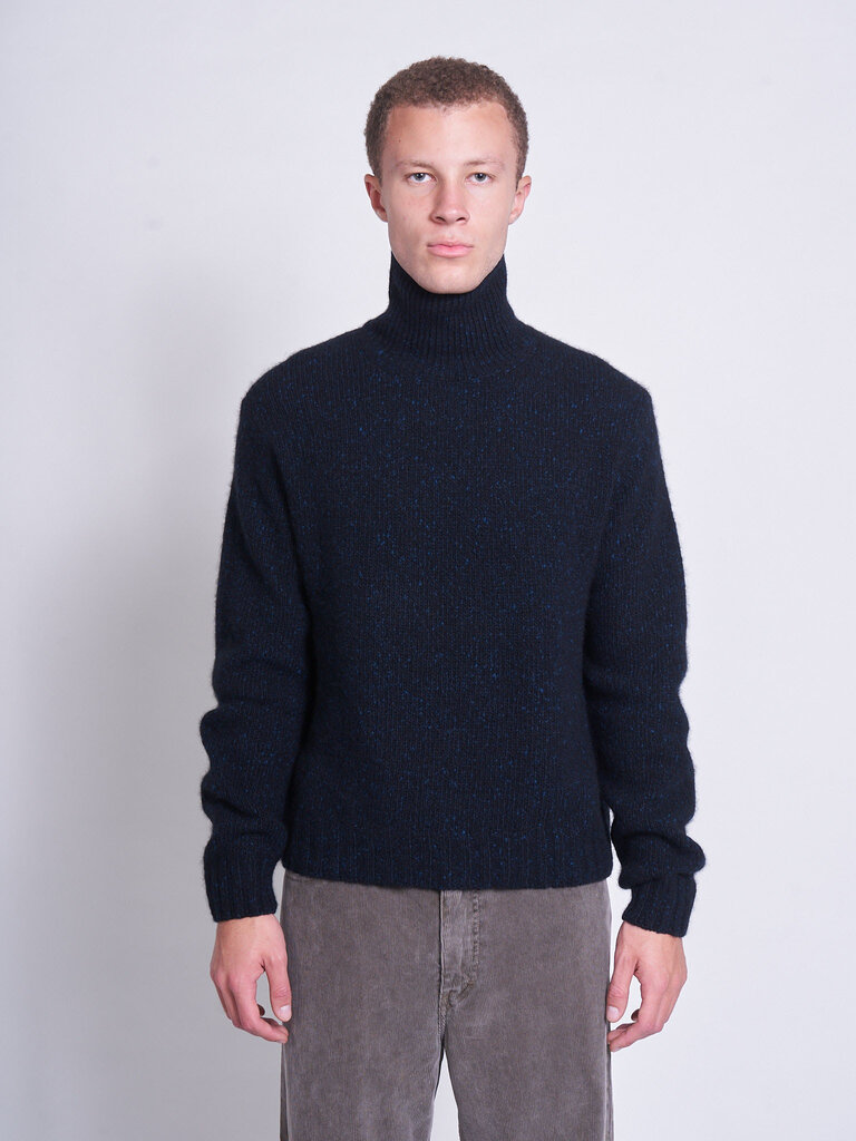 Auralee Chandail Col Roulé Cashmere Melange Knit Top Marine Noir