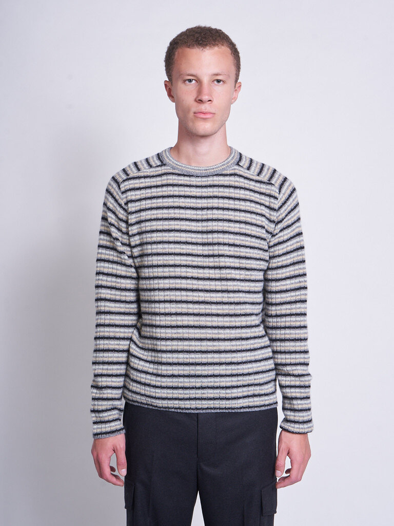 Auralee Gray Stripe Shetland Wool Cashmere Rib Knit Sweater