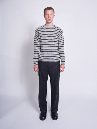 Auralee Gray Stripe Shetland Wool Cashmere Rib Knit Sweater