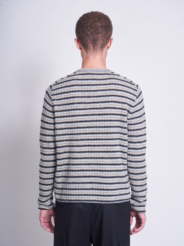 Auralee Gray Stripe Shetland Wool Cashmere Rib Knit Sweater