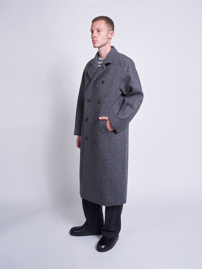Auralee Manteau Herringbone Shetland Double Cloth Chevron Gris