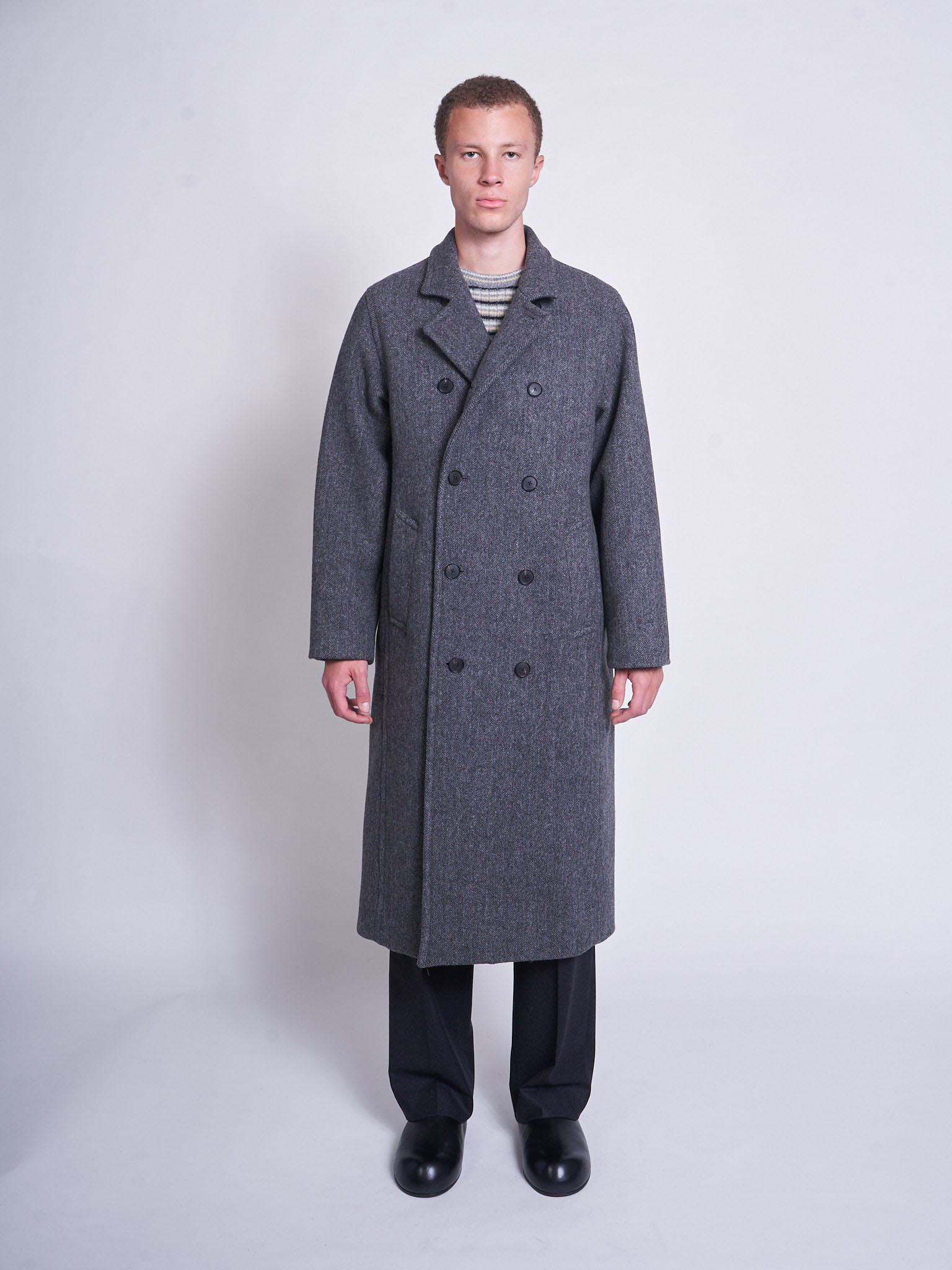 Auralee: Gray Herringbone Shetland Double Cloth Coat | Men's