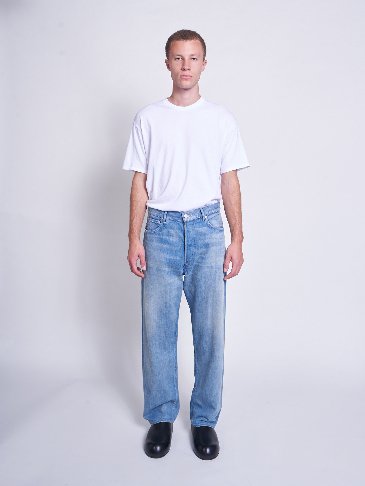 Auralee: Light Indigo Selvedge Faded Light Denim Wide Jeans