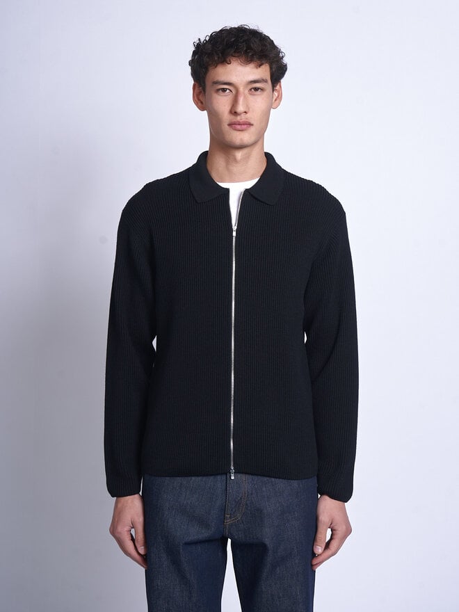 Batoner: Black Solid Wool Rib Polo Zipup Cardigan | Men's Designer