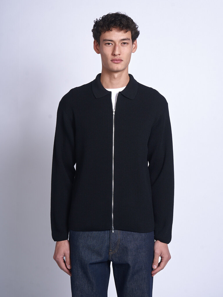 Batoner Cardigan Solid Wool Rib Polo Zipup Noir