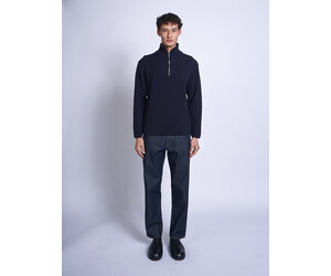 Batoner: Navy Solid Wool Rib Half Zip Sweater | Men's Designer