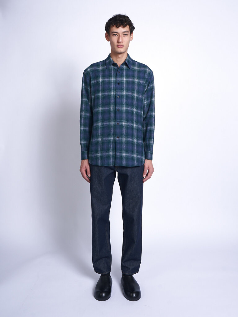 Auralee Chemise AIRY WOOL CHECK Vert Forêt/Marine