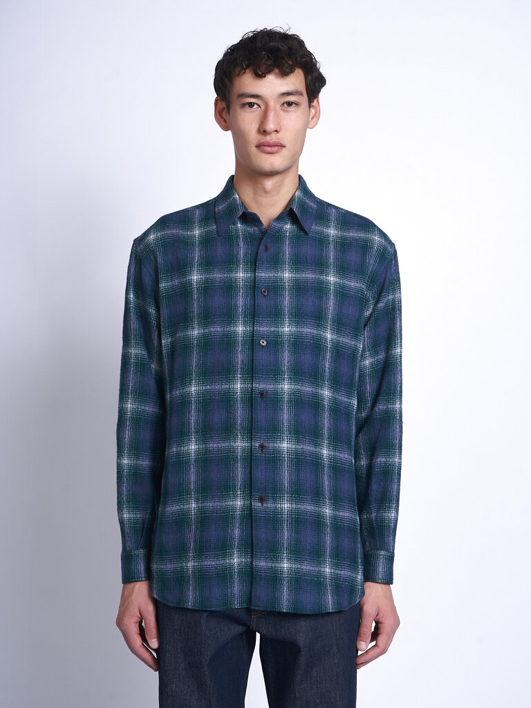 Auralee Chemise AIRY WOOL CHECK Vert Forêt/Marine