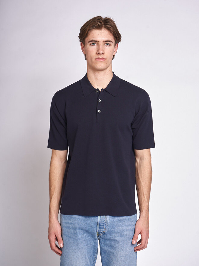 Batoner: Navy 32G Smooth Knit S/S Polo | Men's Designer Clothes