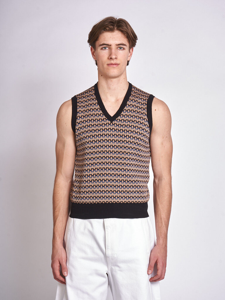 Lemaire Débardeur V Neck Jacquard Noir/Beige/Bleu