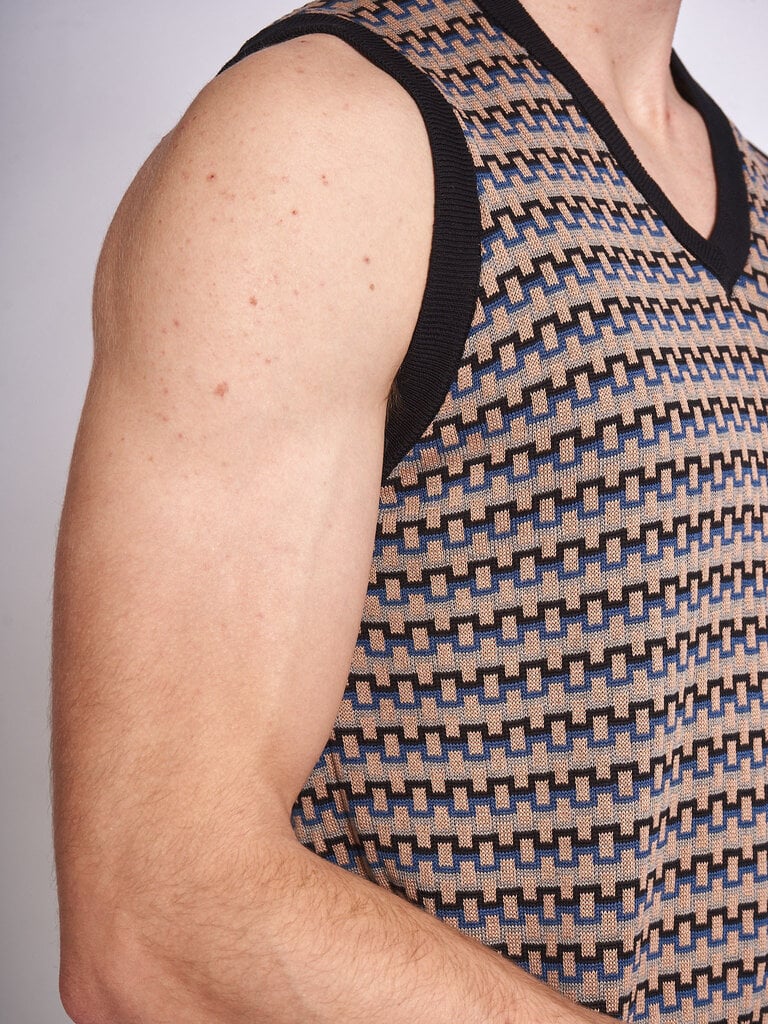 Lemaire Black/Beige/Blue V Neck Jacquard Sleeveless vest