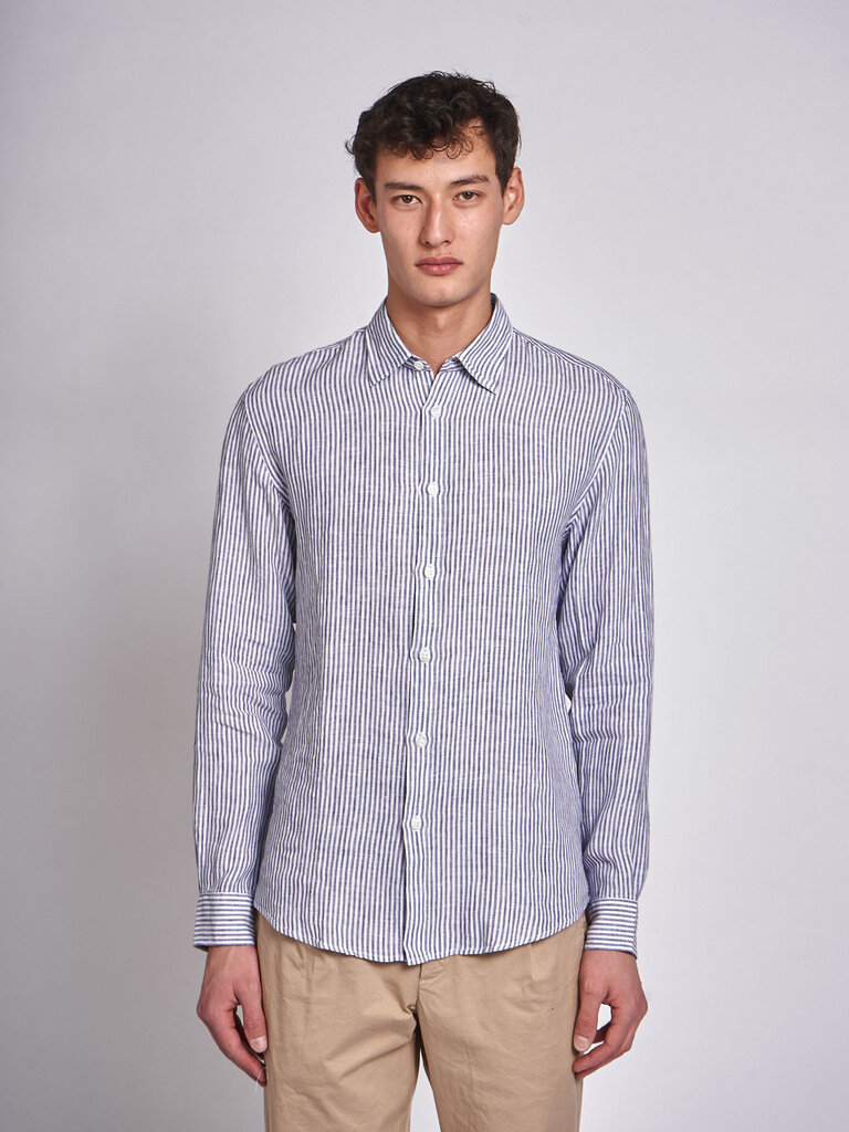 Sunspel Chemise Linen LS Rayures Blanc/Marine