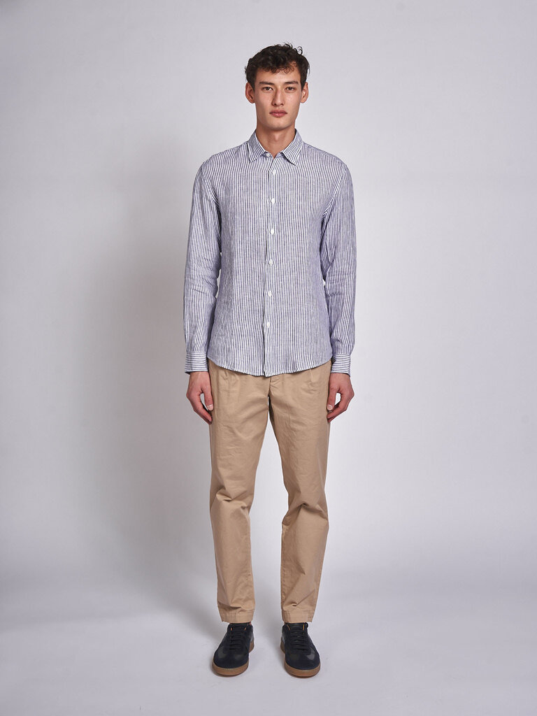 Sunspel Chemise Linen LS Rayures Blanc/Marine